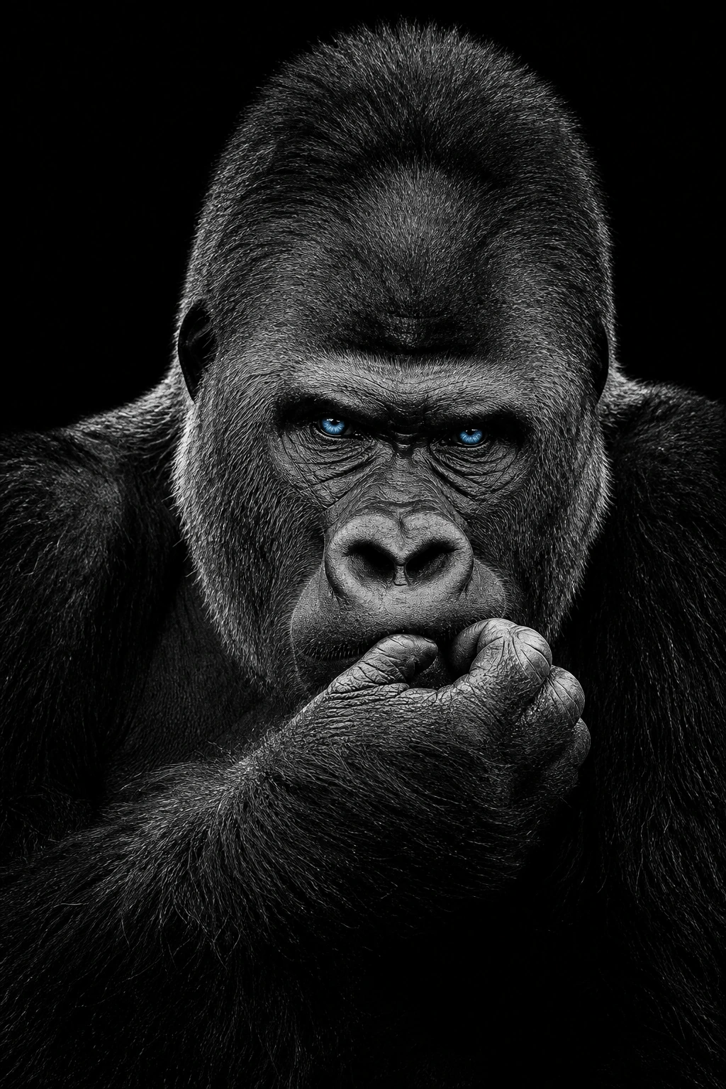 Gorilla – sort/hvid portræt med blåt blik